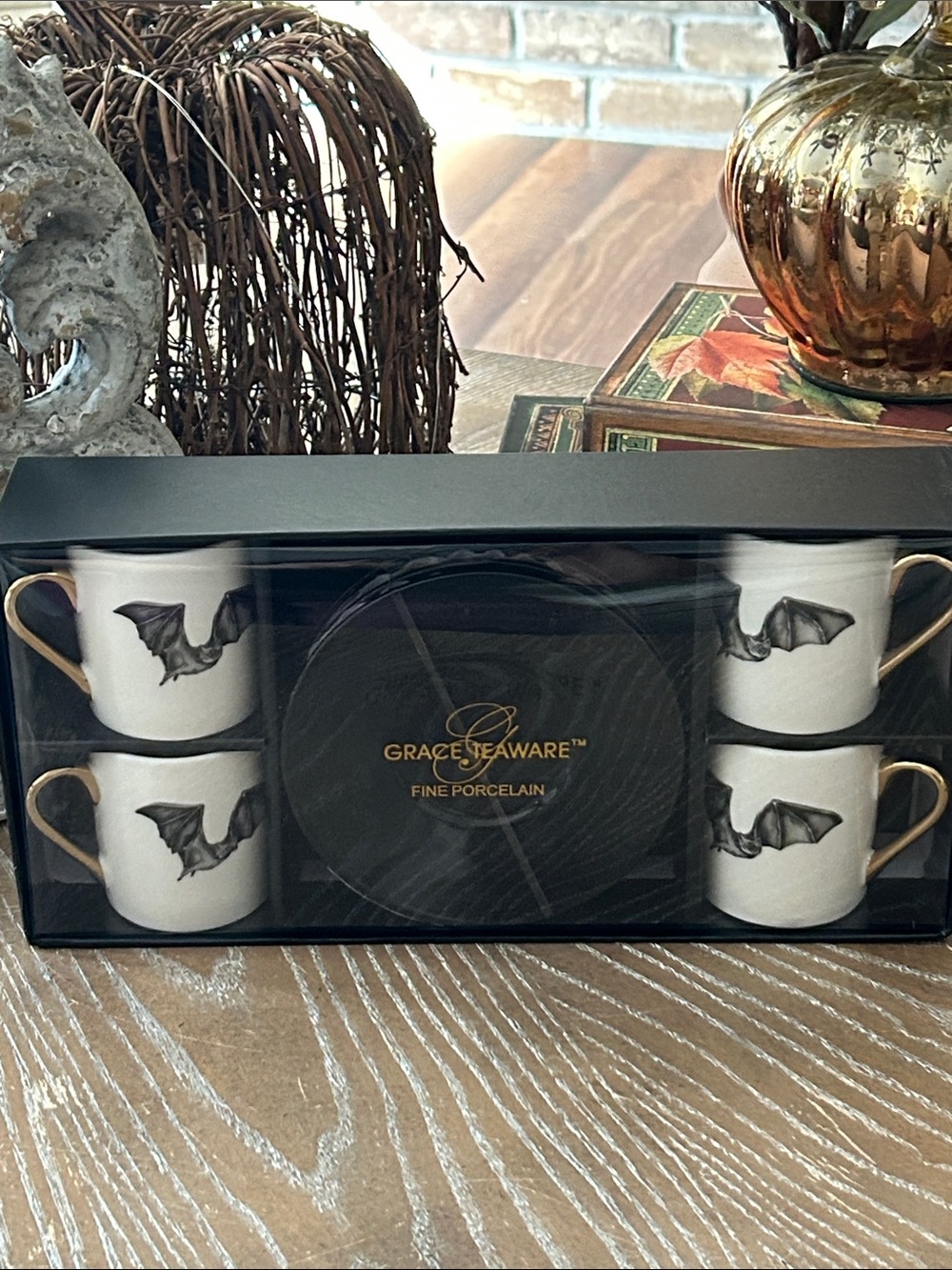 NEW! Vintage Inspired Fine Porcelain Goth Vampire Bat Espresso Teacup Set